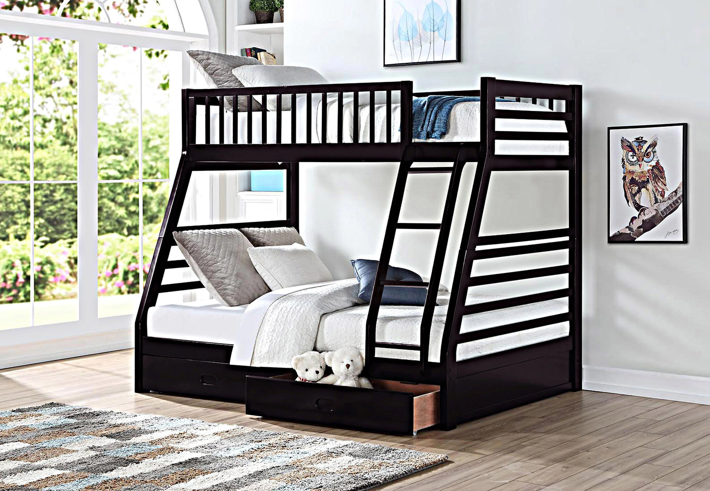 Twin / Full Bunk Bed with 2 Drawers Espresso or Grey Finish - GracePalaceFurniture
