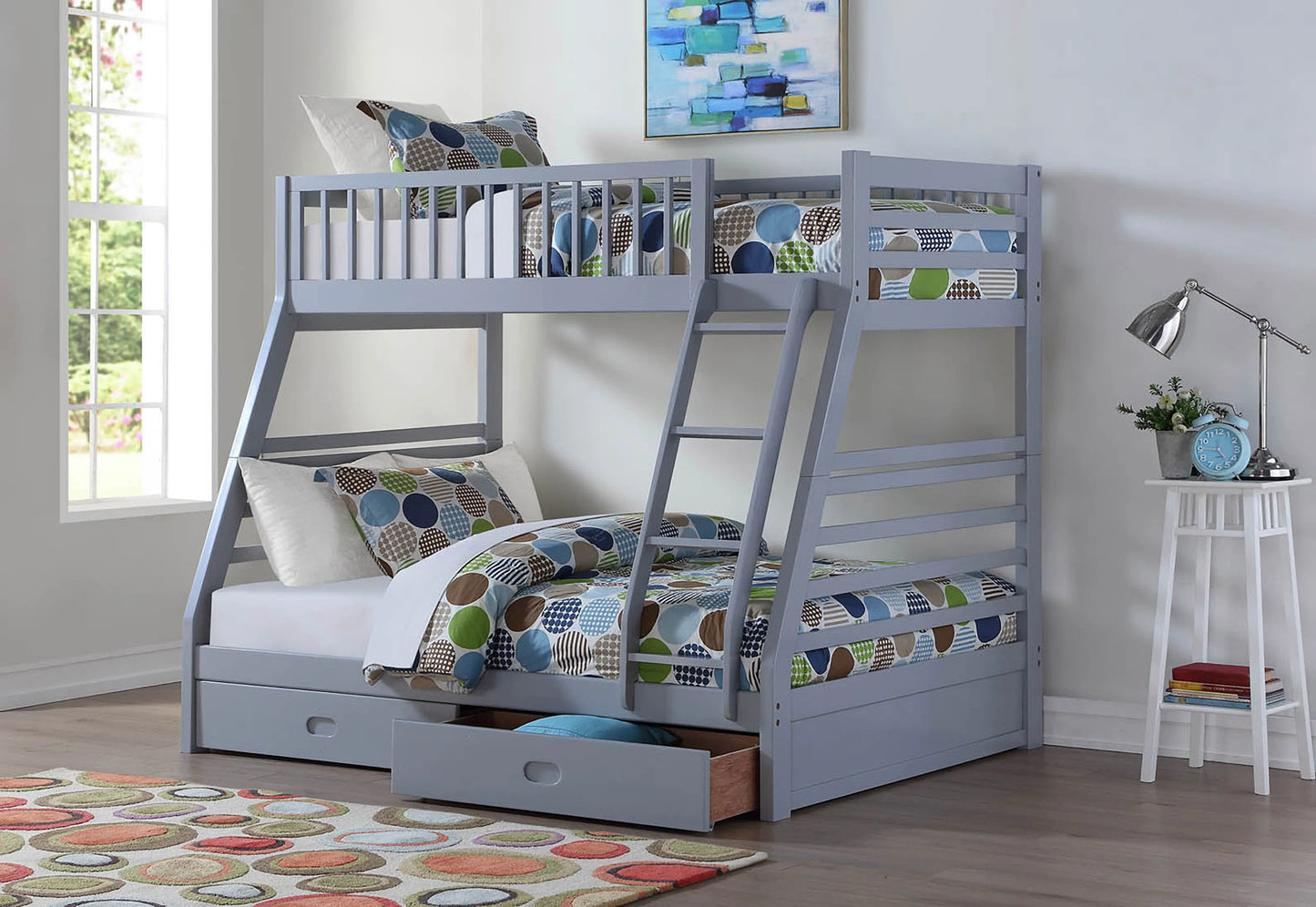 Twin / Full Bunk Bed with 2 Drawers Espresso or Grey Finish - GracePalaceFurniture