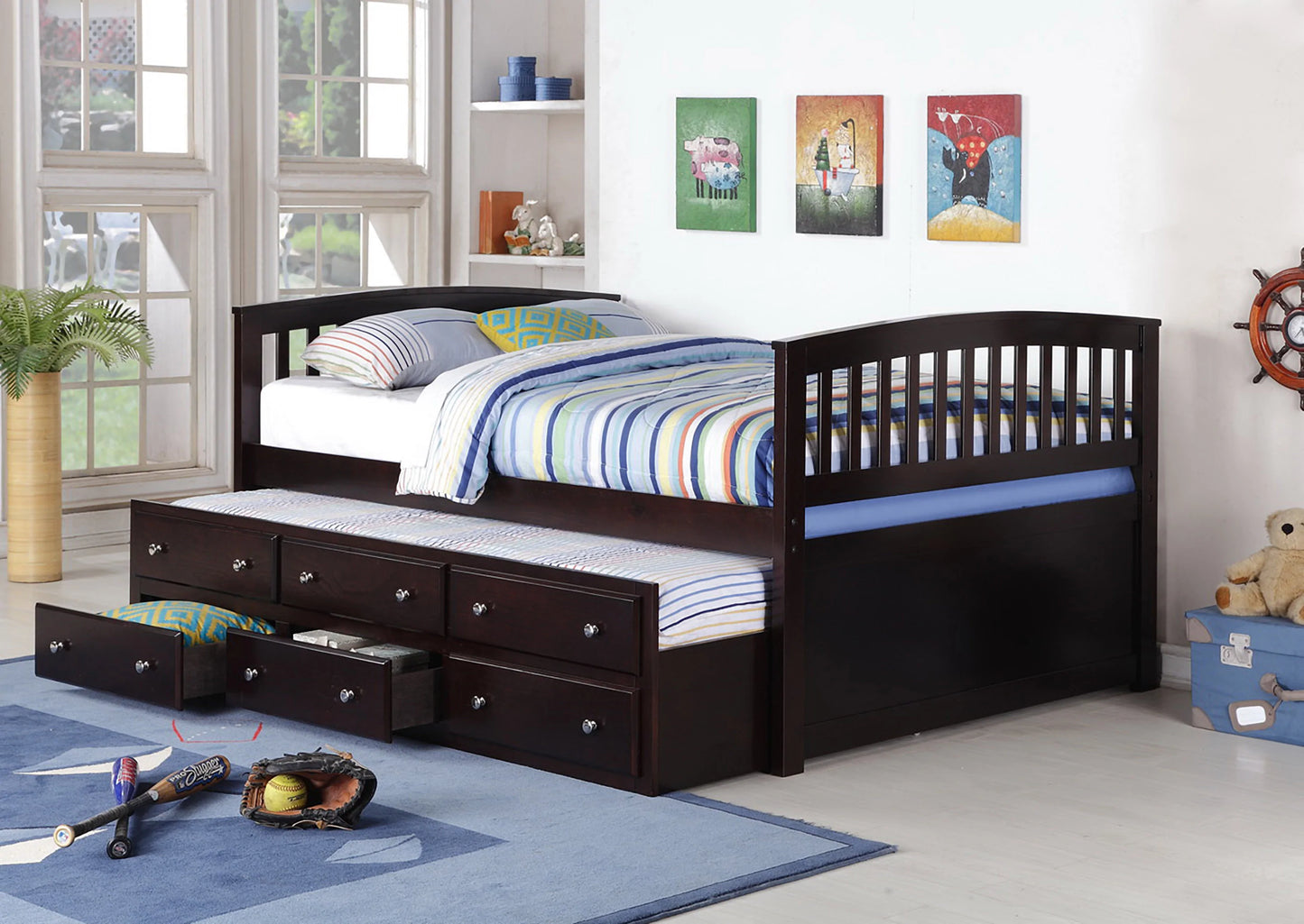 Full Captain Bed with Twin Trundle 3 Drawers Espresso Finish - GracePalaceFurniture
