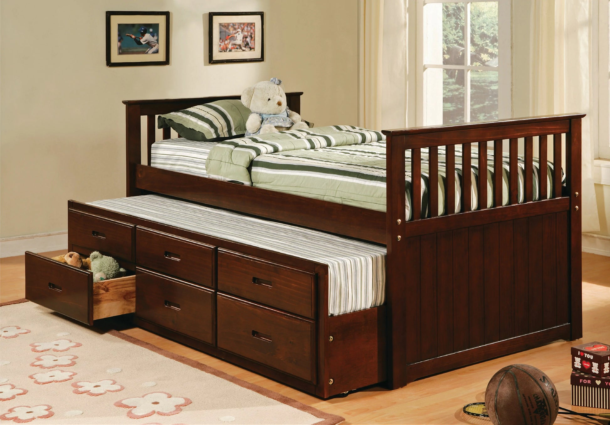 Twin Captain Bed with Trundle 3 Drawers Espresso Finish - GracePalaceFurniture
