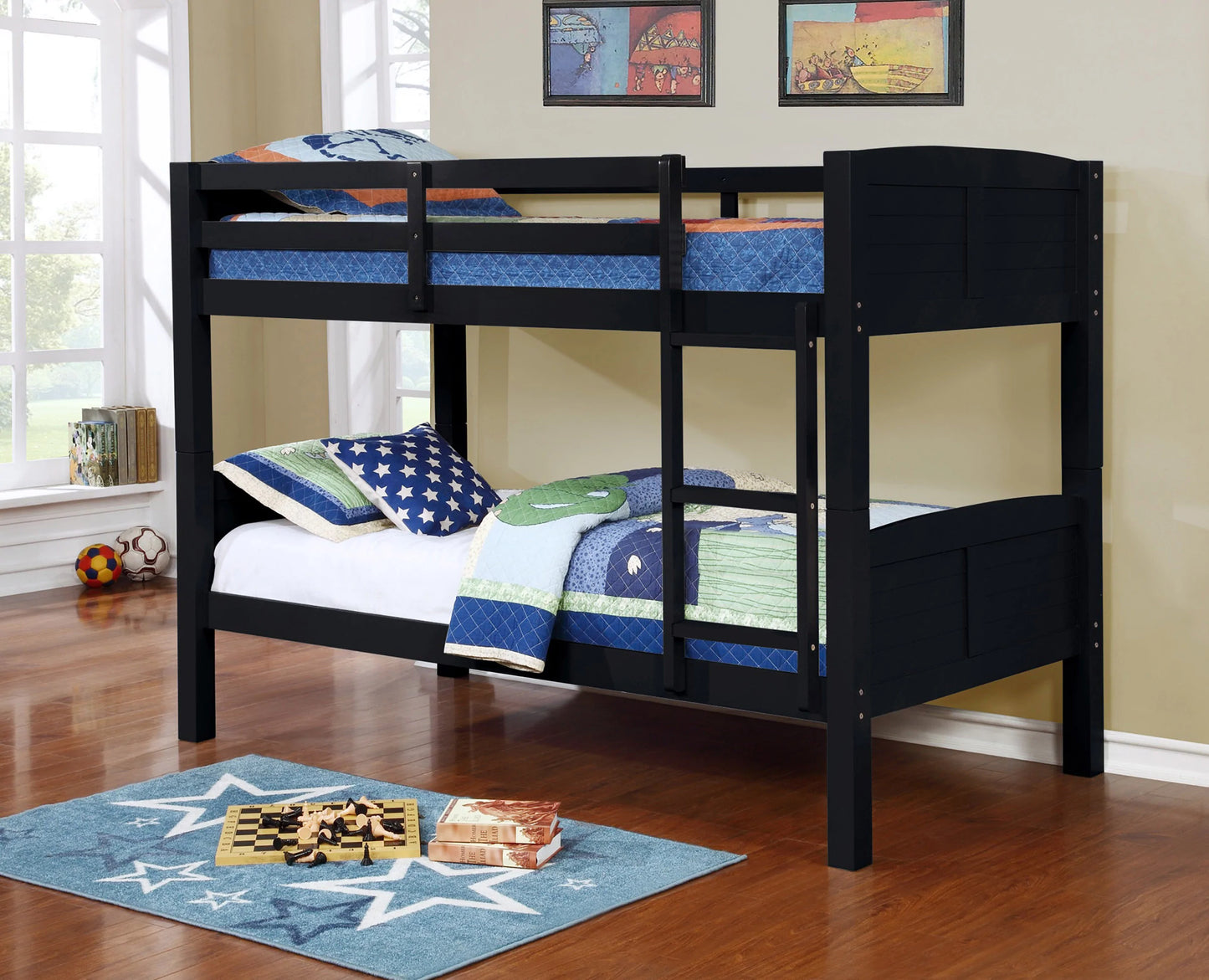 Twin / Twin Bunk Bed Black, Grey, or White Finish - GracePalaceFurniture