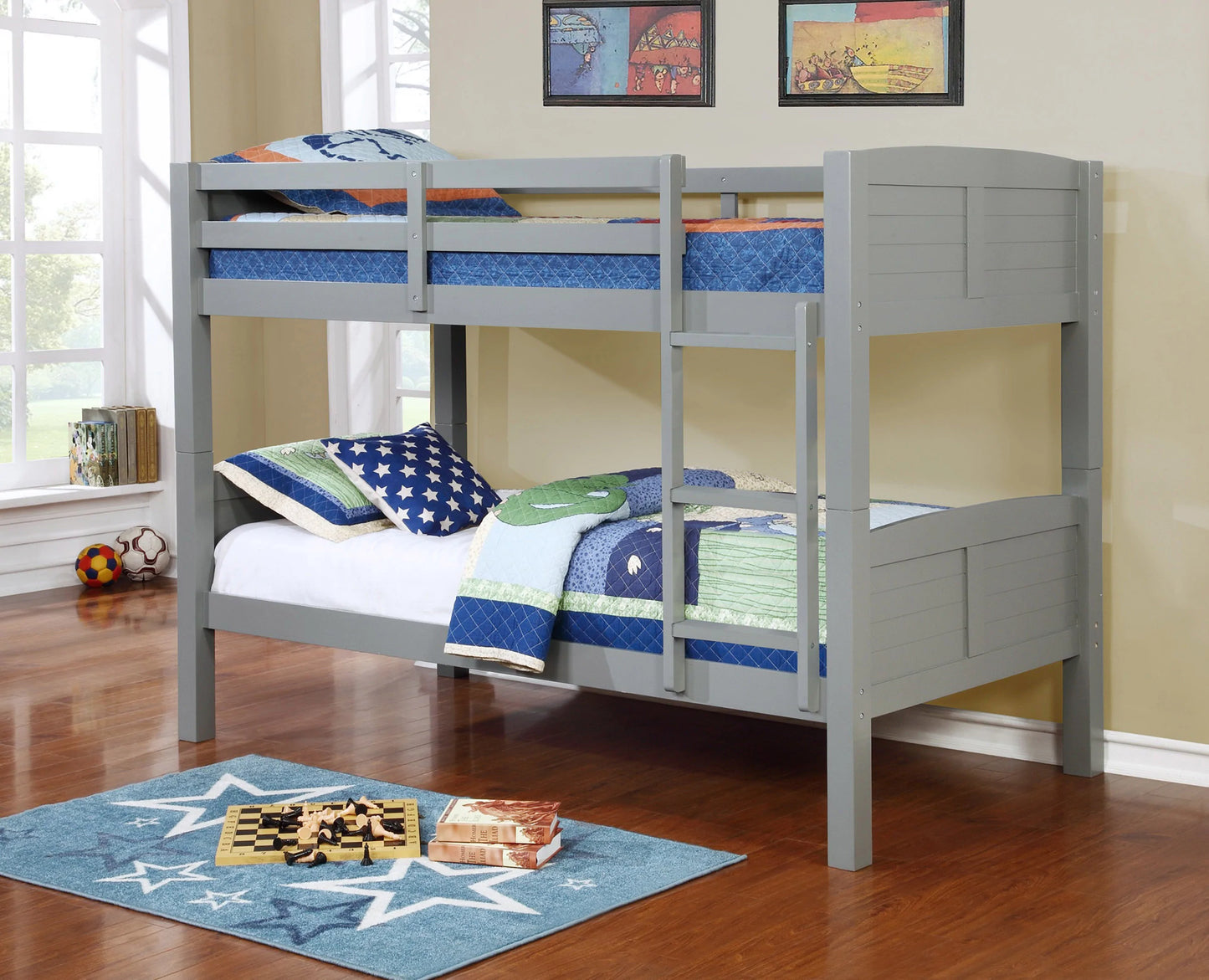 Twin / Twin Bunk Bed Black, Grey, or White Finish - GracePalaceFurniture