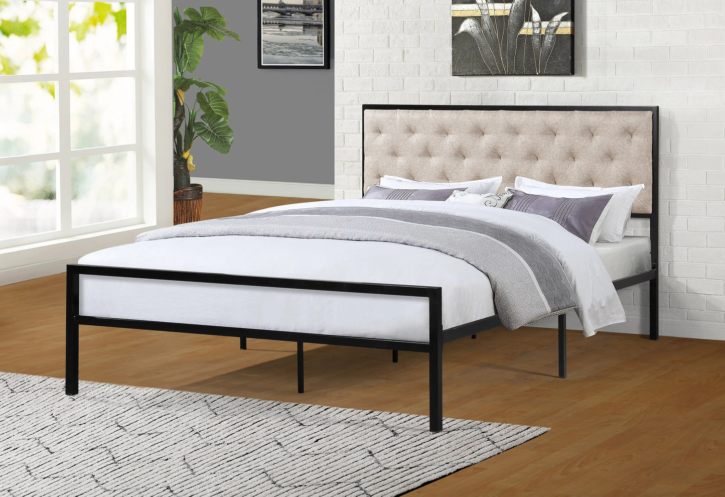 Twin Metal Bed with Beige Fabric Upholstered Headboard - GracePalaceFurniture