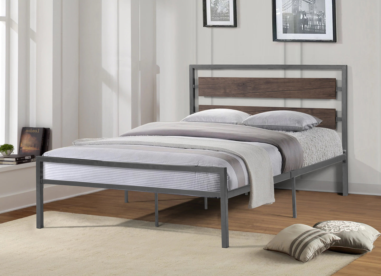 Metal Bed with Wood Panels Headboard - GracePalaceFurniture