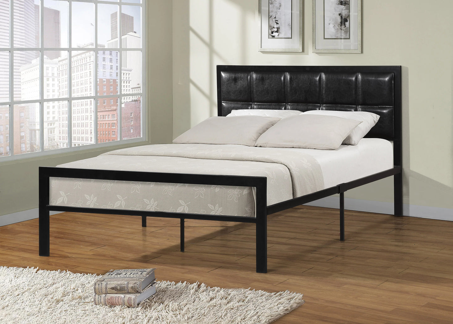 Metal Bed with Black PU Upholstered Headboard - GracePalaceFurniture