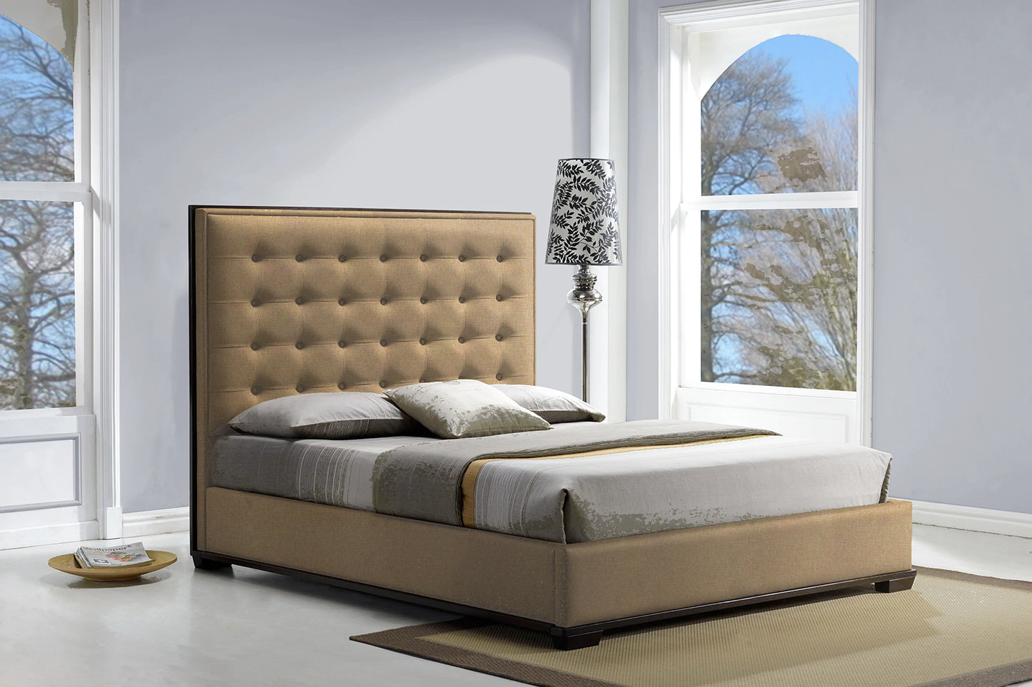 Queen Size Platform Bed Coffee Linen - GracePalaceFurniture