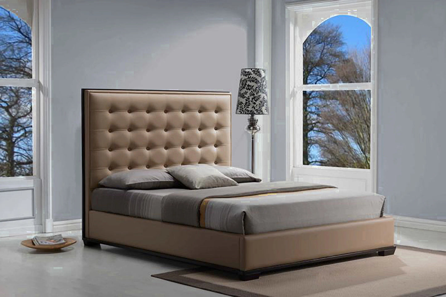 Queen Size Platform Bed Coffee Linen - GracePalaceFurniture