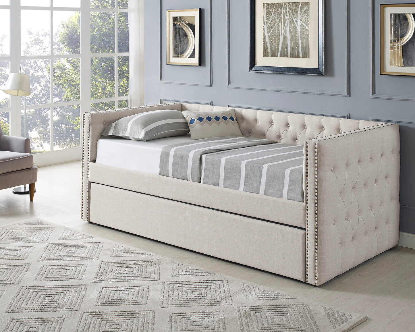 Twin Day Bed with Trundle Beige Linen - GracePalaceFurniture