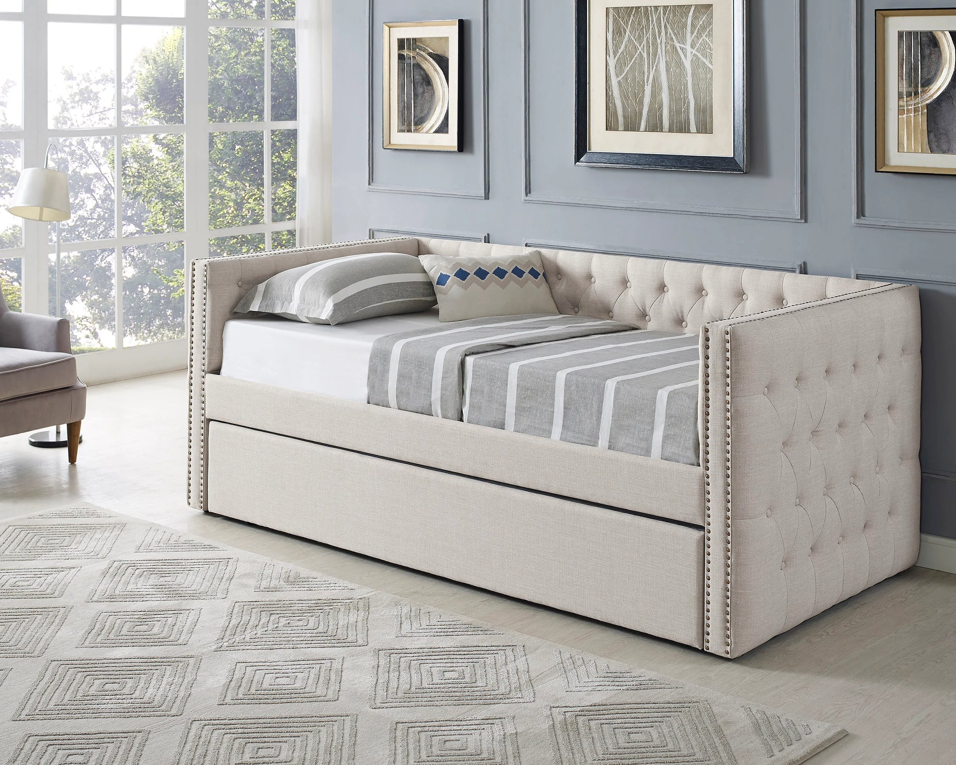 Twin Day Bed with Trundle Beige Linen - GracePalaceFurniture