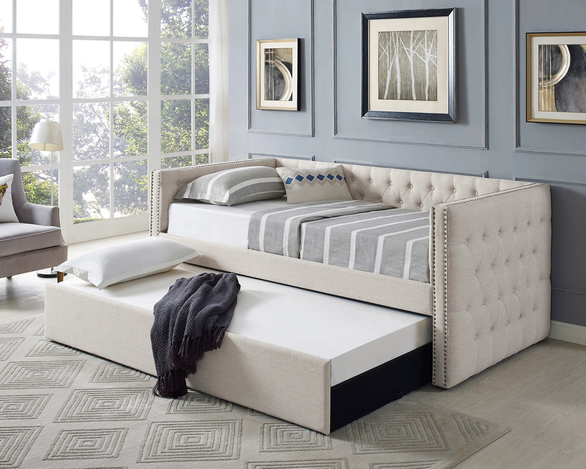 Twin Day Bed with Trundle Beige Linen - GracePalaceFurniture