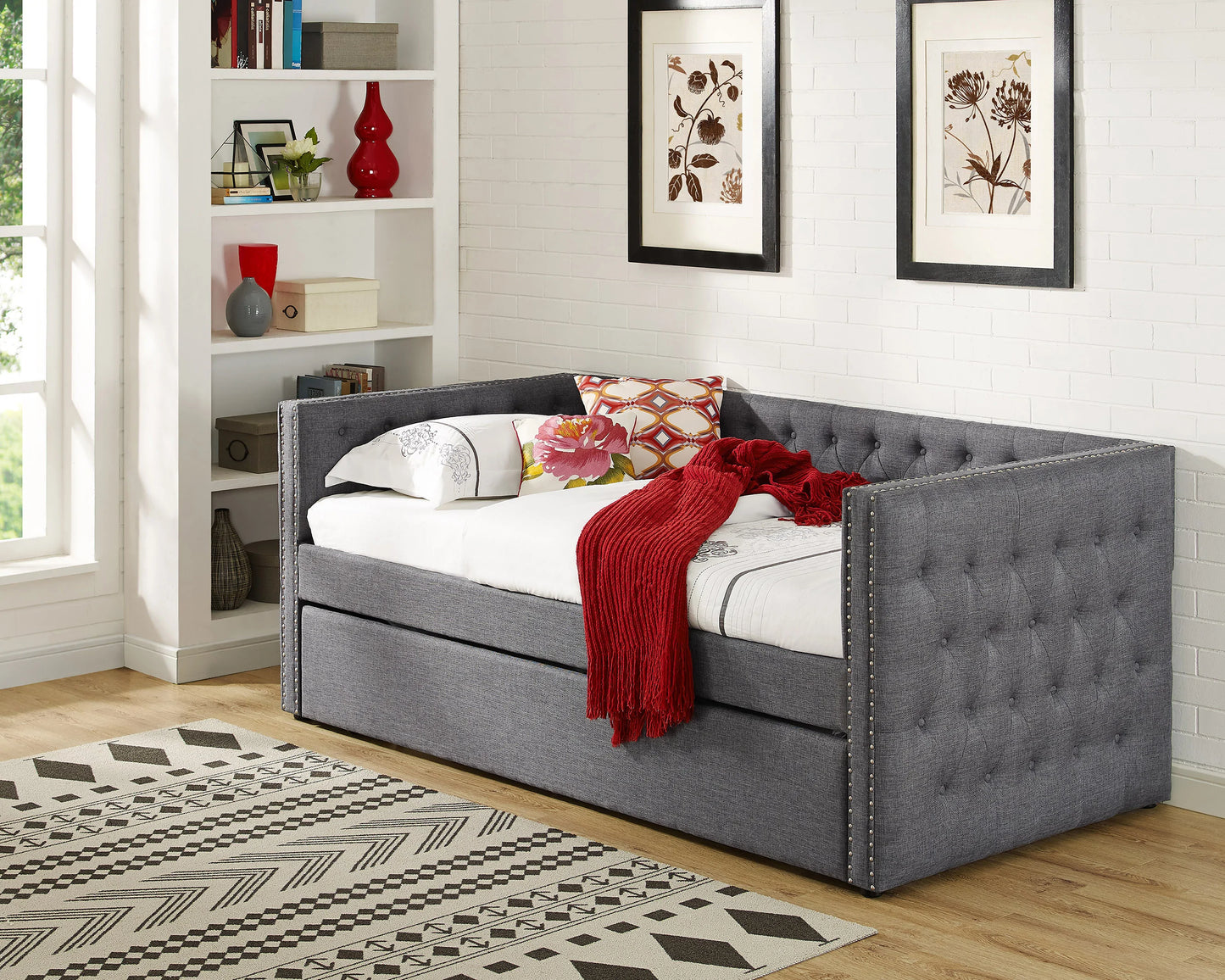 Twin Day Bed with Trundle Grey Linen - GracePalaceFurniture