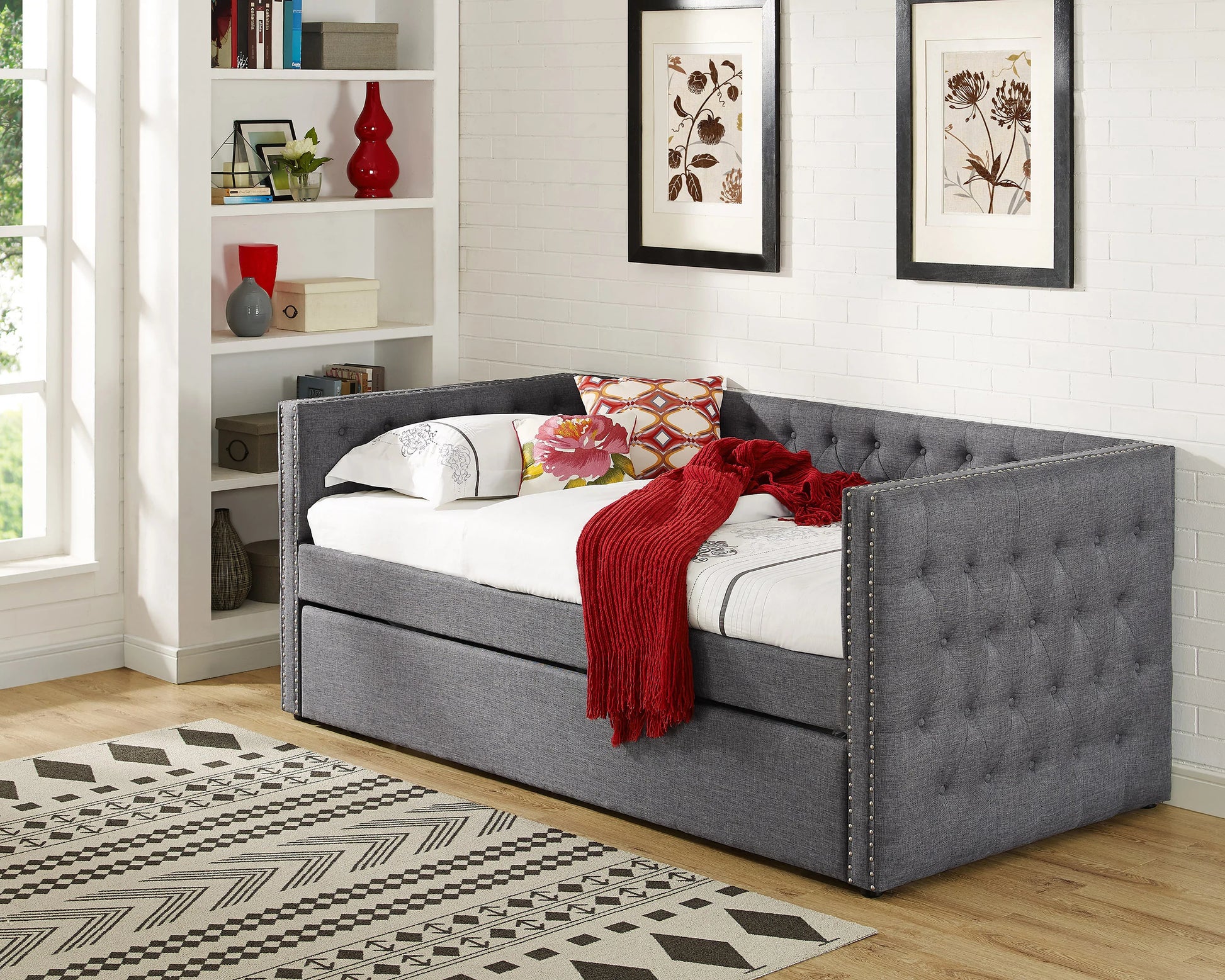 Twin Day Bed with Trundle Grey Linen - GracePalaceFurniture