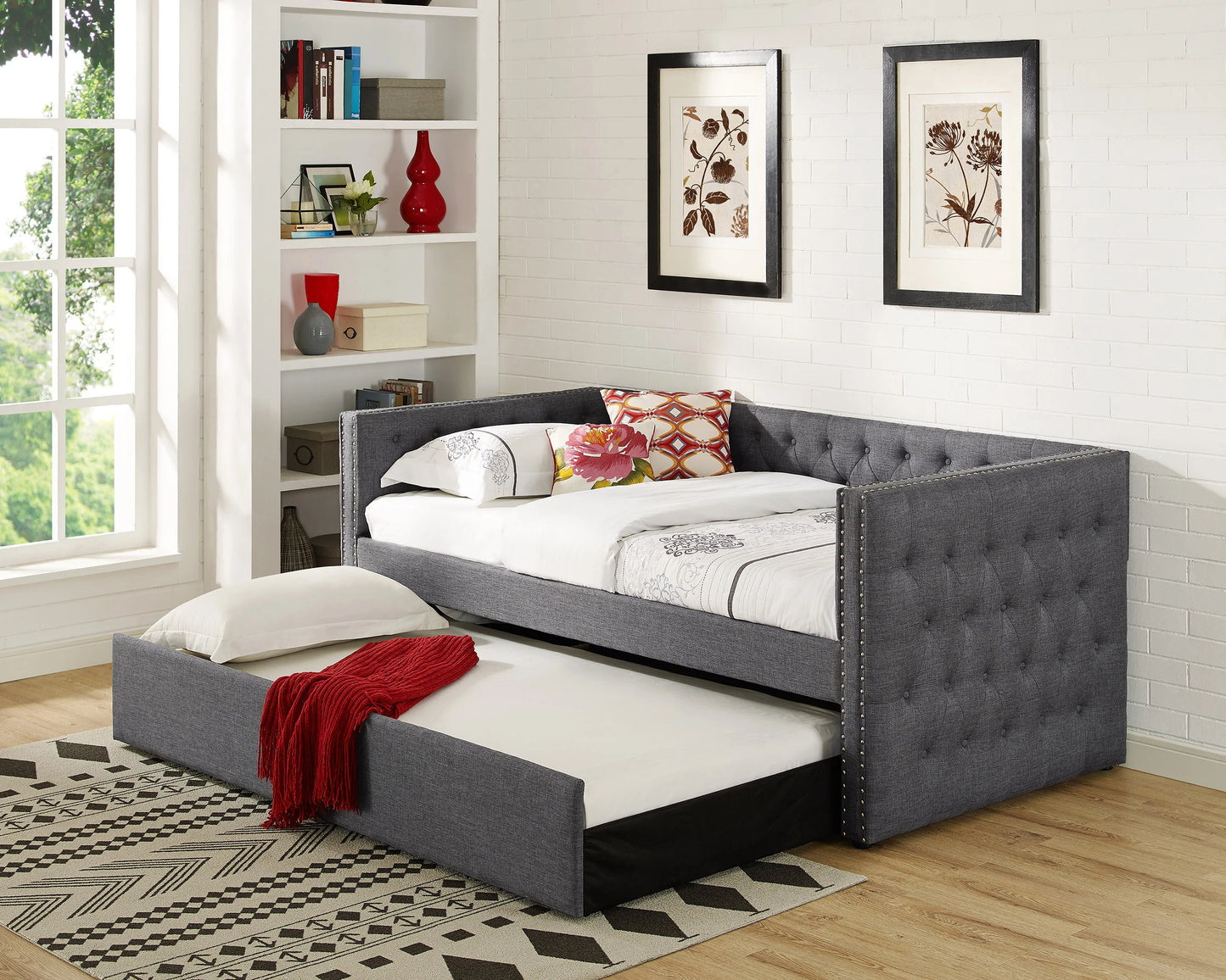 Twin Day Bed with Trundle Grey Linen - GracePalaceFurniture