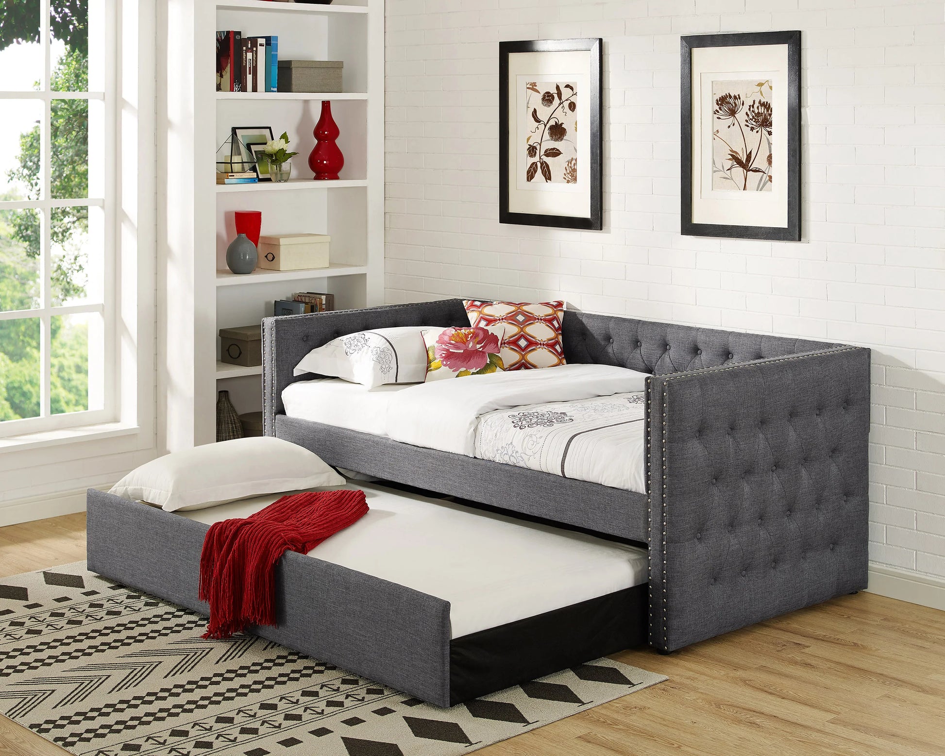 Twin Day Bed with Trundle Grey Linen - GracePalaceFurniture