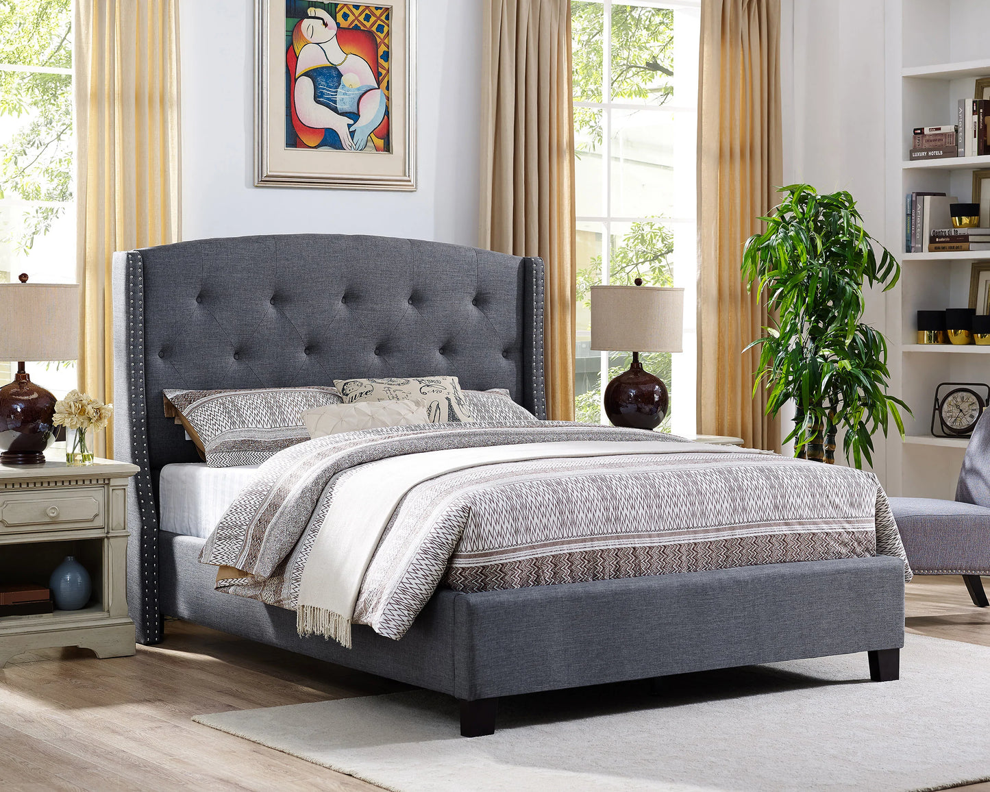 Grey Linen Upholstered Bed Headboard with Nailhead Trim - GracePalaceFurniture