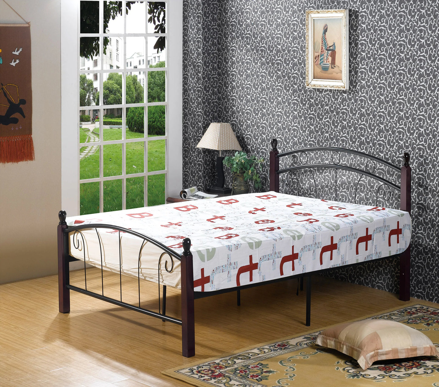 Full Bed Black Metal Frame Wood Posts - GracePalaceFurniture