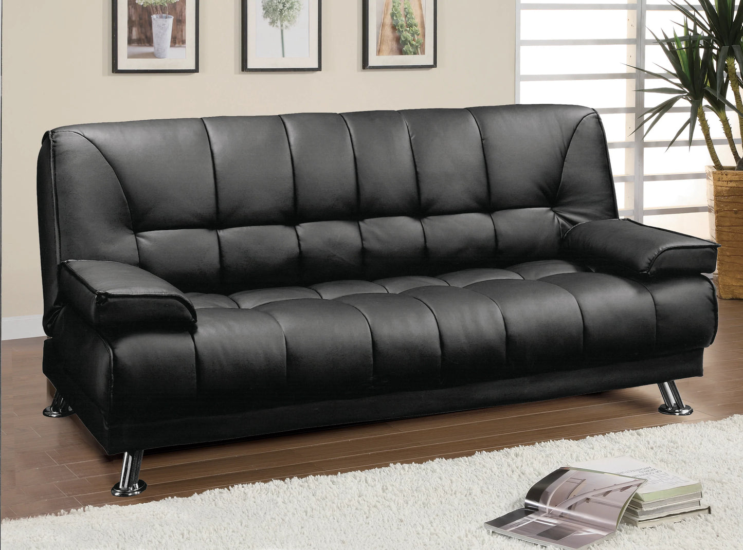 Adjustable PU Futon Sofa Black - GracePalaceFurniture