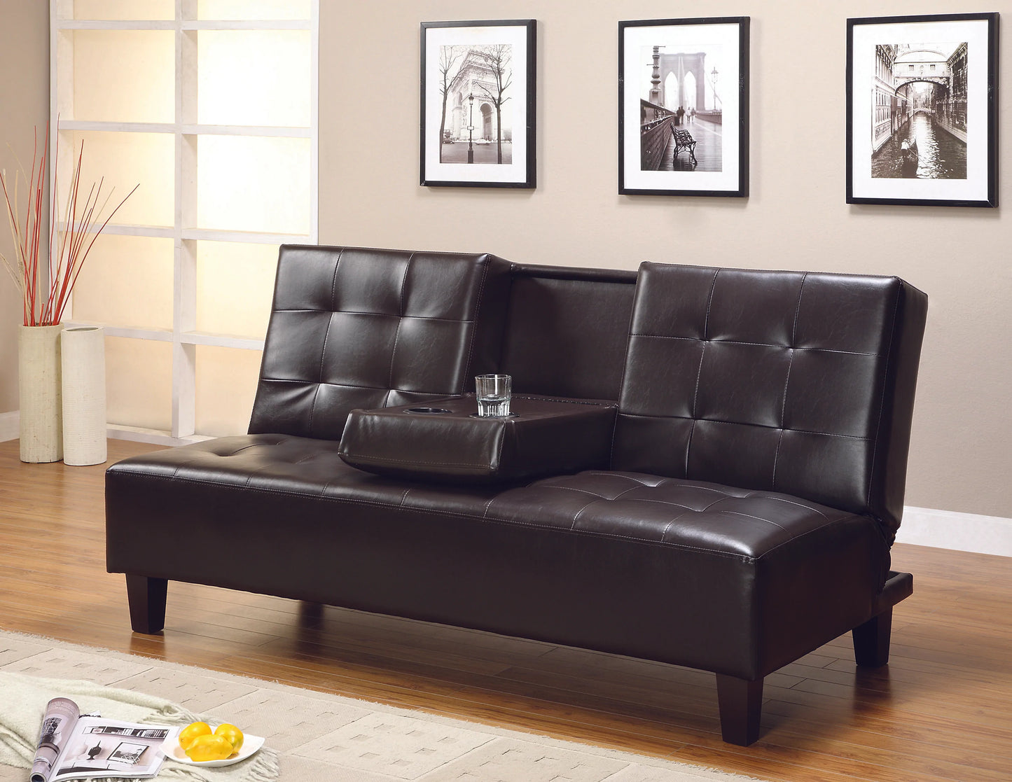 Futon Sofa with Drop-Drown Tray & Cup Holder Espresso PU - GracePalaceFurniture
