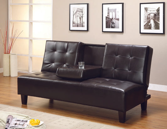 Futon Sofa with Drop-Drown Tray & Cup Holder Espresso PU - GracePalaceFurniture