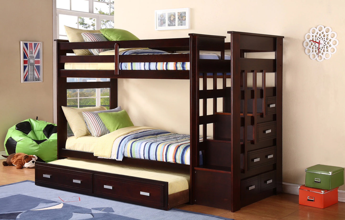 Twin / Twin Ladder Bunk Bed Pullout Trundle Bed Side Drawers Espresso Finish - GracePalaceFurniture