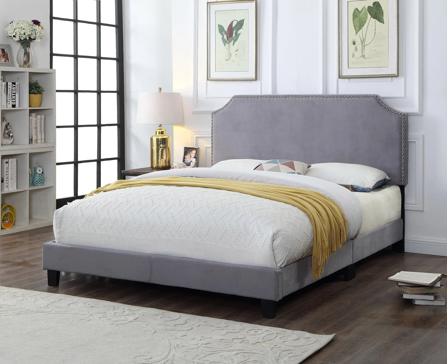 Light Grey Velvet Upholstered Bed - GracePalaceFurniture