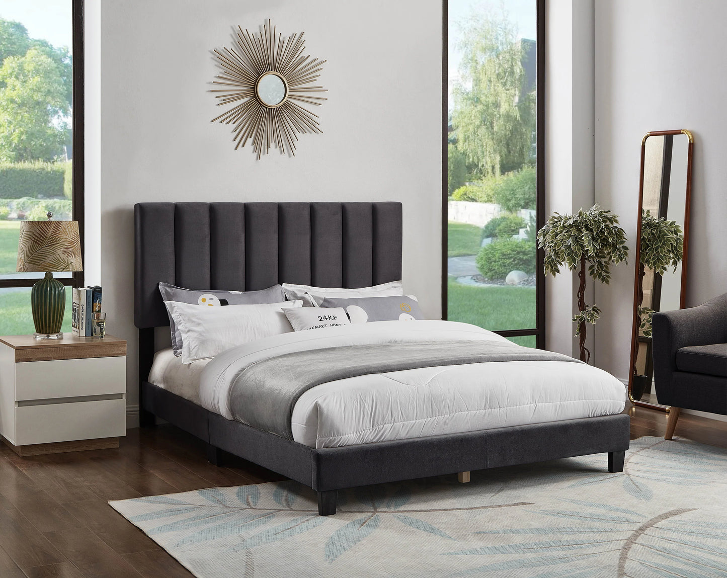 Dark Grey Velvet Upholstered Bed - GracePalaceFurniture