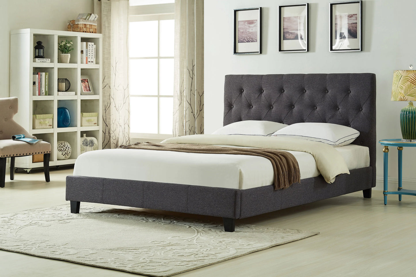 Dark Grey Linen Upholstered Bed Full - GracePalaceFurniture