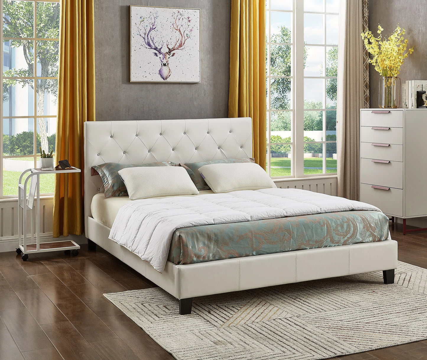 White PU Upholstered Bed Full - GracePalaceFurniture