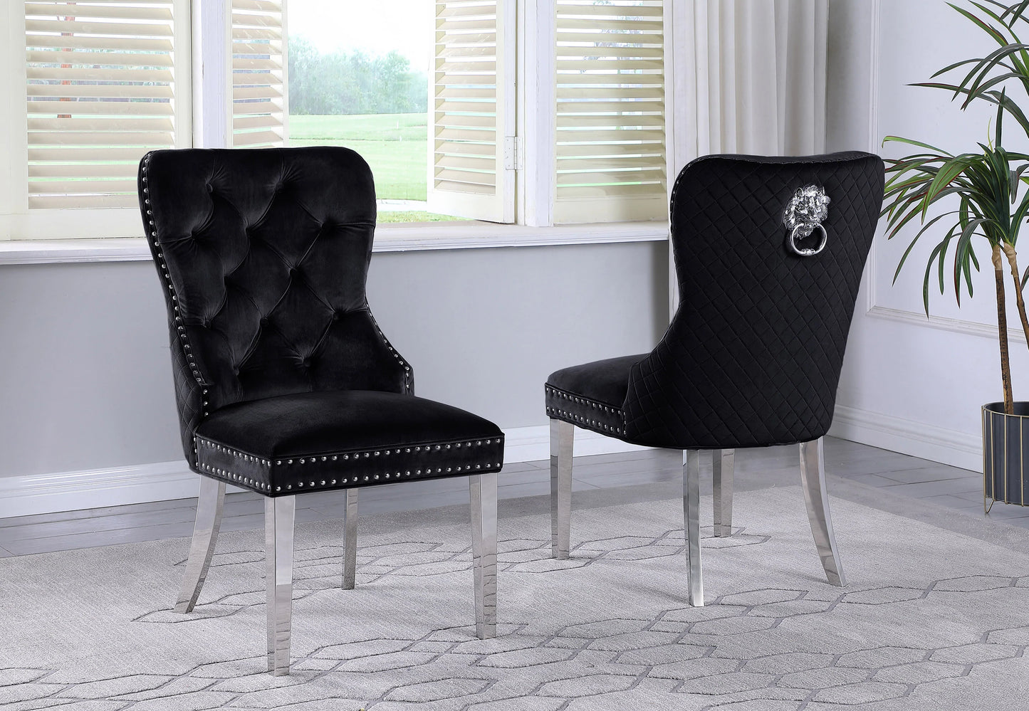 Plush Black velvet Chrome Nail heads Deep tufting Stainless Steel Legs Lion Head & Ring Chair - GracePalaceFurniture