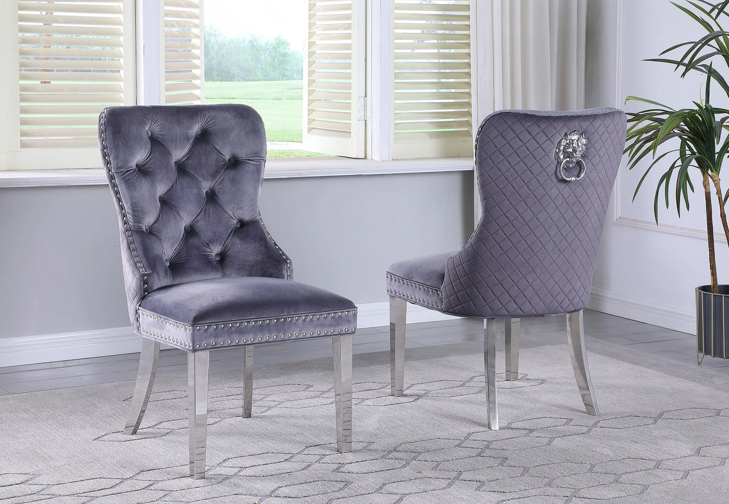Plush Black velvet Chrome Nail heads Deep tufting Stainless Steel Legs Lion Head & Ring Chair - GracePalaceFurniture