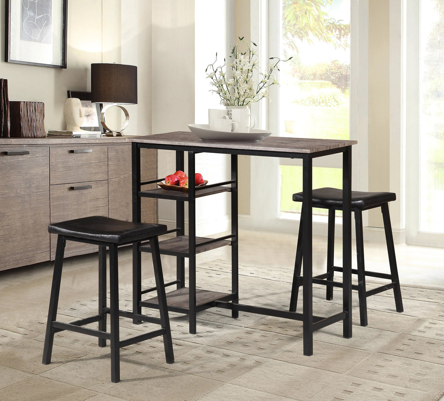 3-PC Pack Breakfast Pub Table Set with 2 Stools & Table - GracePalaceFurniture
