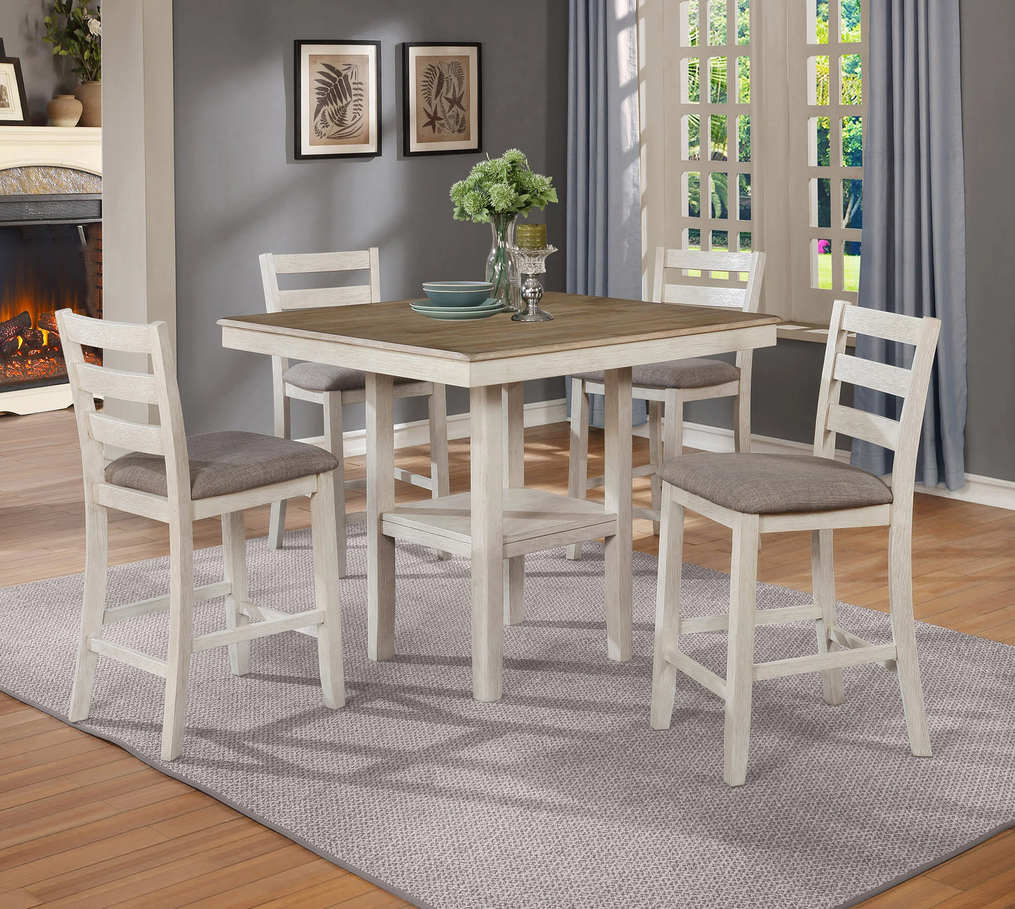 5-PC Pack Counter Height Table & Chair Set Dust Grey Oak Finish - GracePalaceFurniture