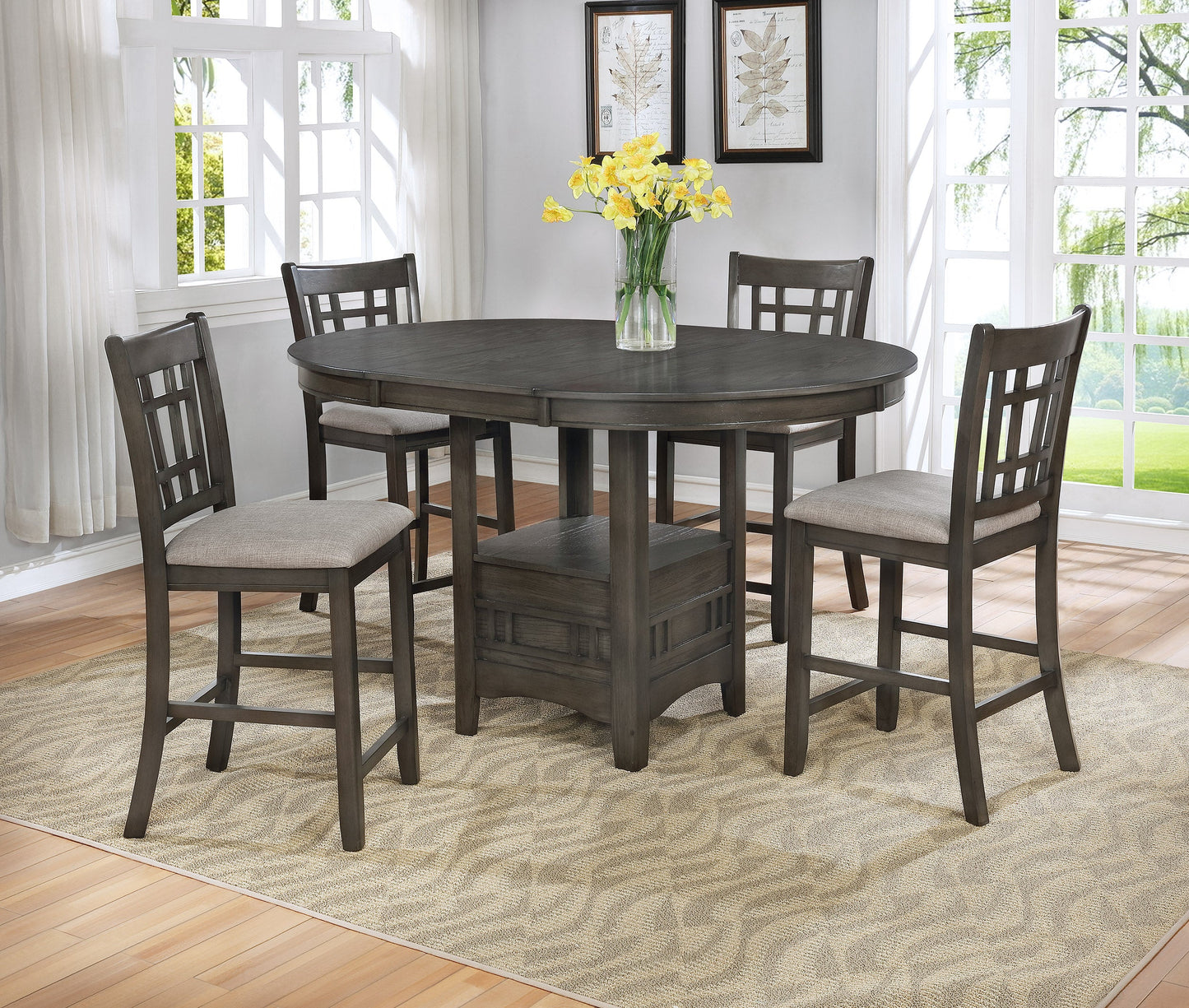 Oval Counter Height Pedestal Dining l Table Grey Wood Finish - GracePalaceFurniture