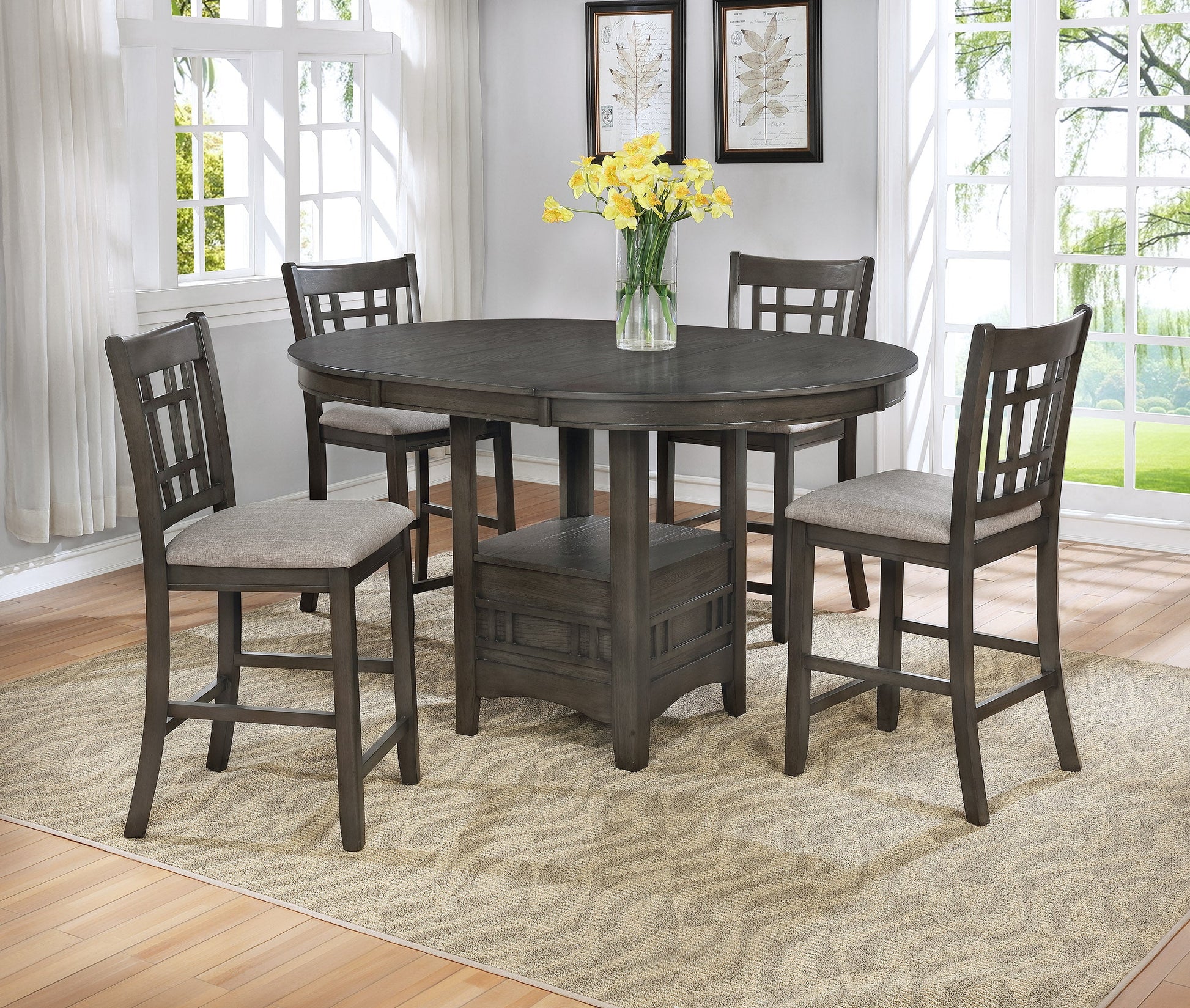 Oval Counter Height Pedestal Dining l Table Grey Wood Finish - GracePalaceFurniture
