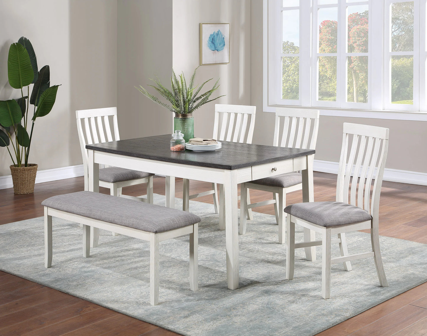 6 Piece White and Grey Dining table - GracePalaceFurniture