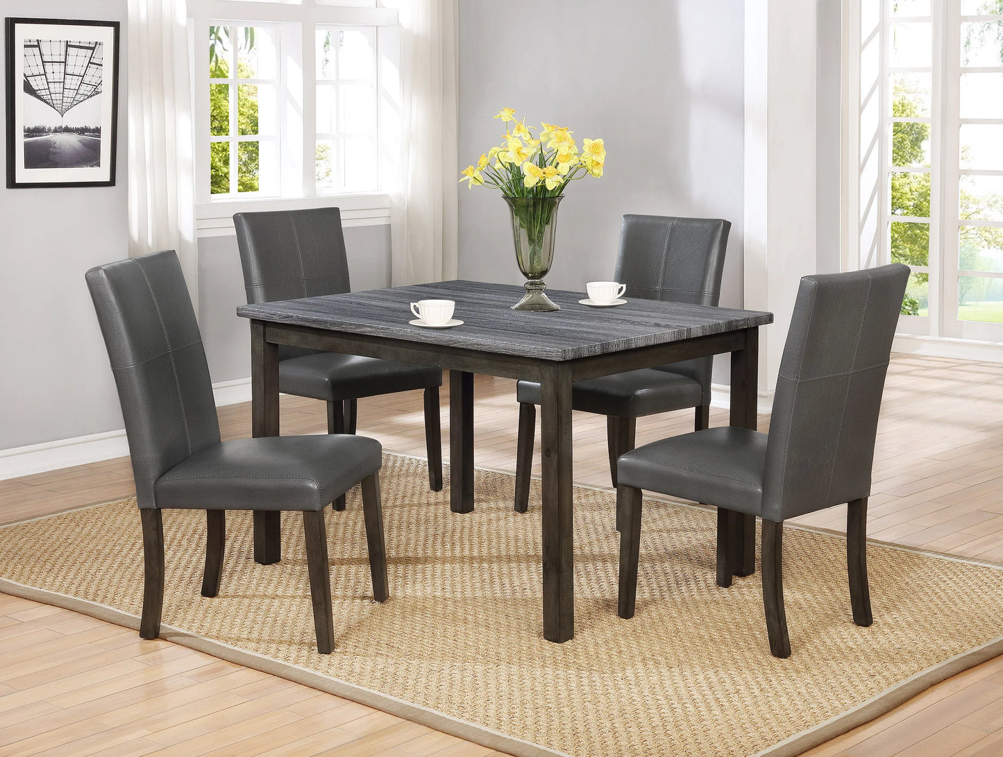 Dining Table Grey Wood Veneer Top Solid Wood Legs in Grey - GracePalaceFurniture