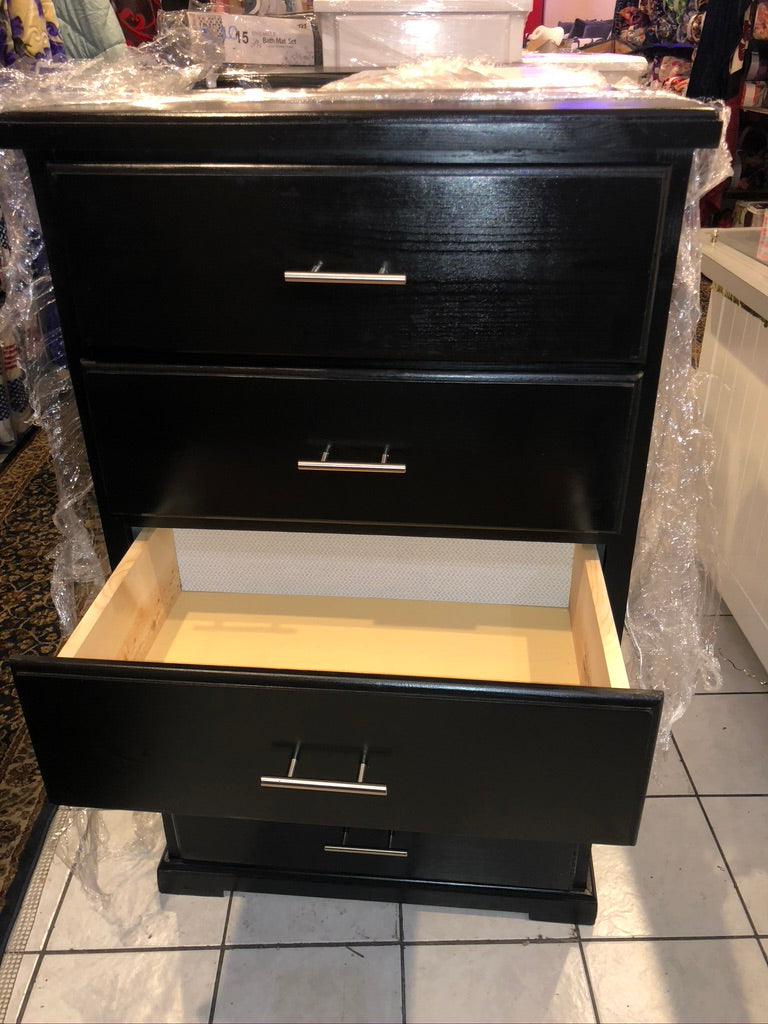 PINE SOLID WOOD CHEST 5 DRAWER - BLACK STAINLESS STEEL HANDLE.