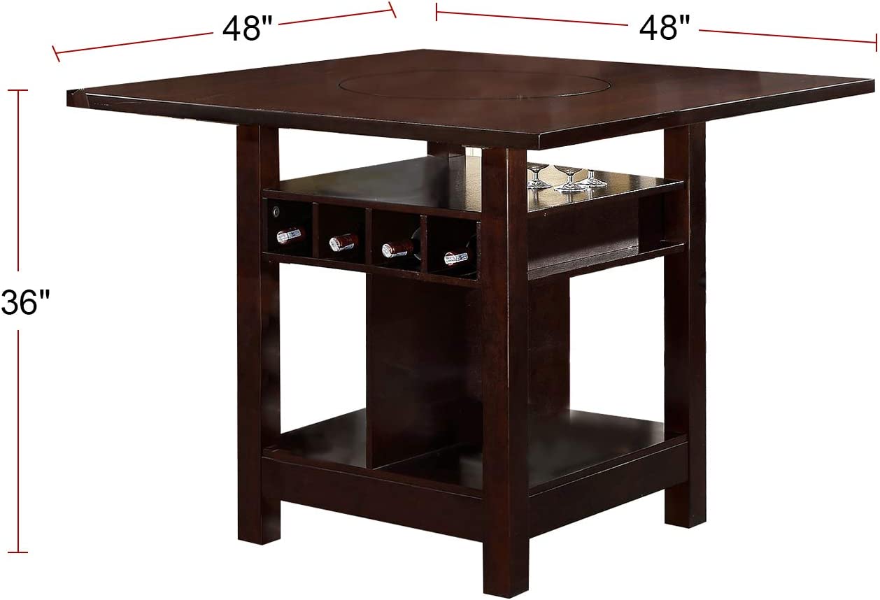 Poundex Counter Height Table with Wine Storage and Shelves in Dark Rosy 5pc set Brown Finish.