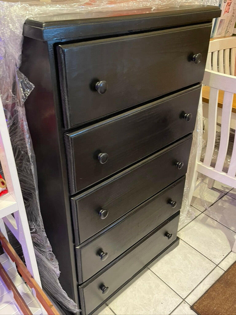 PINE SOLID WOOD CHEST 5 DRAWER - BLACK.