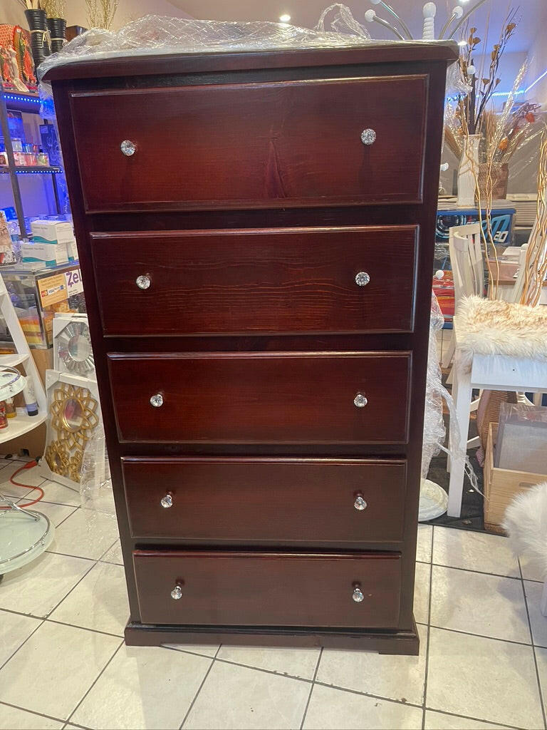 PINE SOLID WOOD CHEST 5 DRAWER WITH CRYSTAL KNOBS - CHERRY.