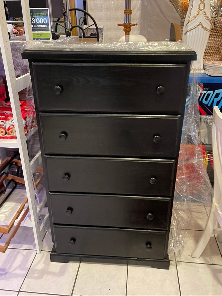 PINE SOLID WOOD CHEST 5 DRAWER - BLACK.