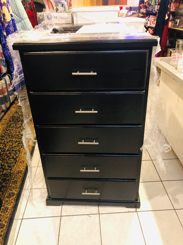 PINE SOLID WOOD CHEST 5 DRAWER - BLACK STAINLESS STEEL HANDLE.