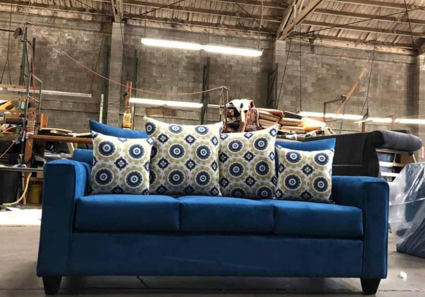 Blue velvet Sofa And Love Seat.