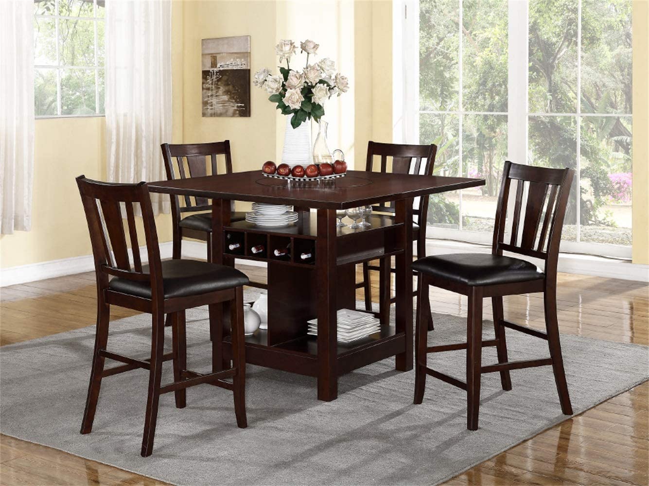 Poundex Counter Height Table with Wine Storage and Shelves in Dark Rosy 5pc set Brown Finish.