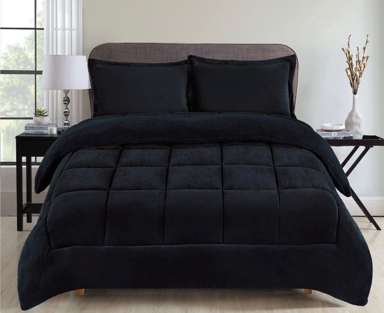 Fleece Blanket, 3- Pieces Sherpa Blanket - Super Soft Warm, Korean Style Reversible Printed Winter Borrego Blanket (Solid Color - Black, King(79"x91")).