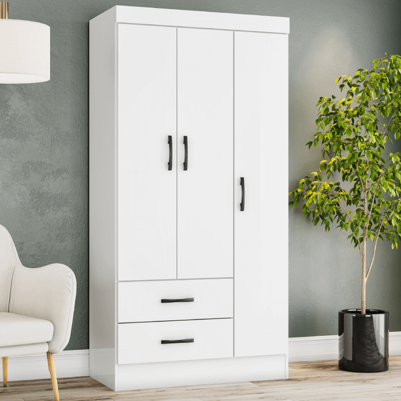 3 Door White Wardrobe Closet With shelves