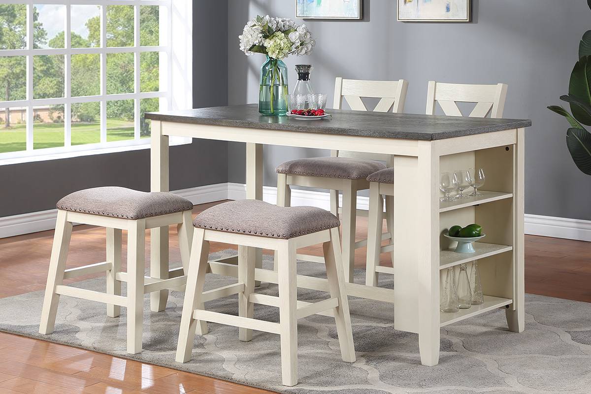 Vintage White High Counter Table With Storage Shelves