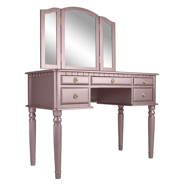 Poundex F4060 Wooden Makeup Vanity Set Desk, Mirror & Stool - Rose Gold