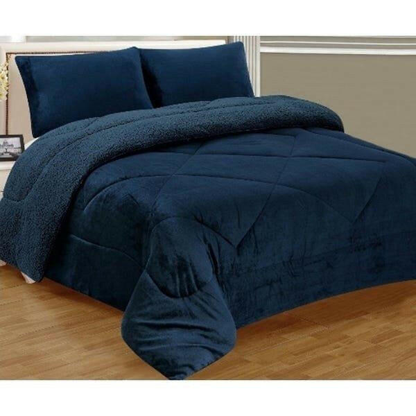 Fleece Blanket, 3- Pieces Sherpa Blanket - Super Soft Warm, Korean Style Reversible Printed Winter Borrego Blanket (Solid Color - Blue, King(79"x91")).
