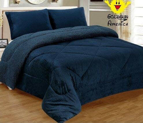 Fleece Blanket, 3- Pieces Sherpa Blanket - Super Soft Warm, Korean Style Reversible Printed Winter Borrego Blanket (Solid Color - Blue, King(79"x91")).